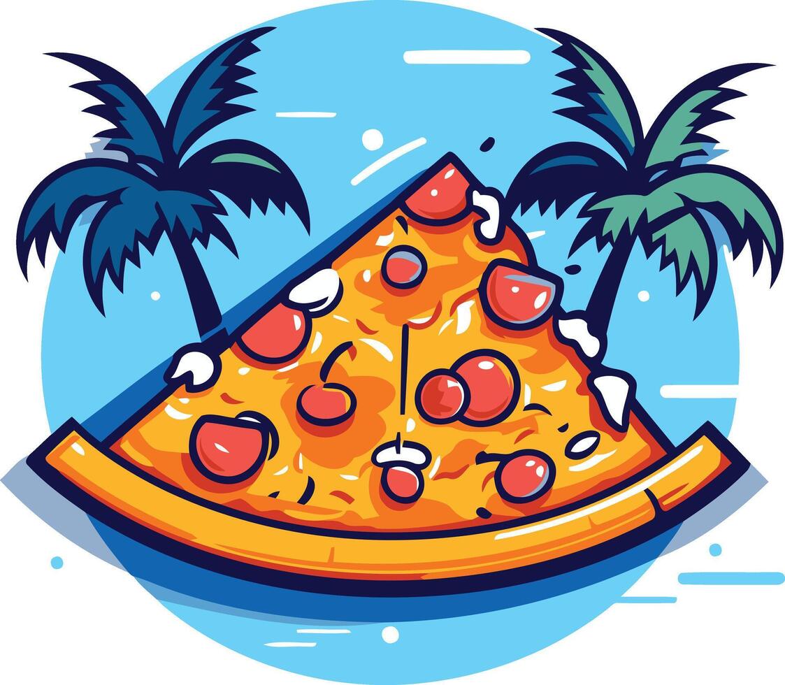 A fun and quirky illustration of a pizza slice shaped like an island, surrounded by palm trees vector