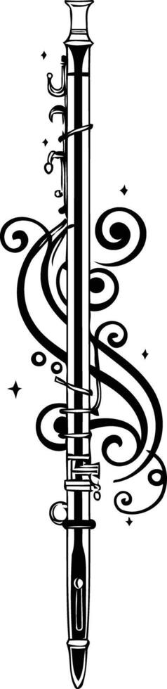 A black and white illustration of a flute with ornate swirls and flourishes, perfect for tattoo design, music posters, or musical instrument related projects vector