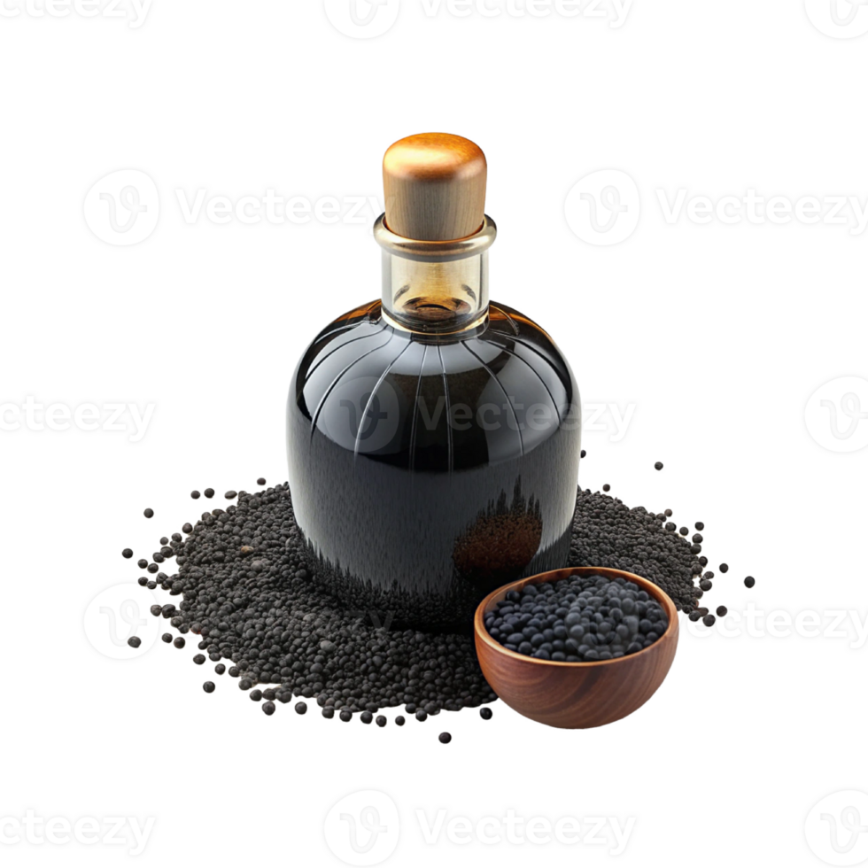 clear glass bottle with filled black cumin oil png