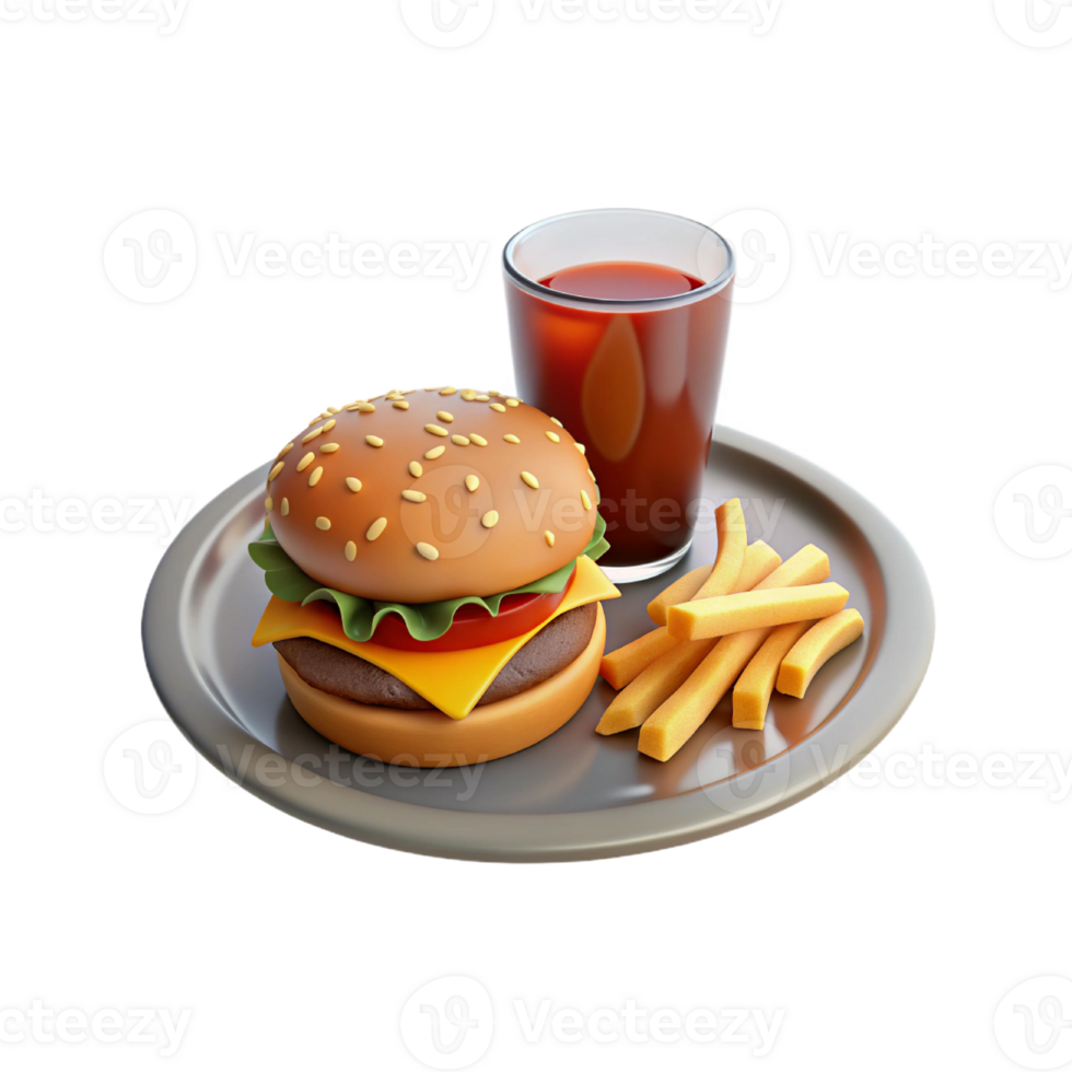 a hamburger and fries on a plate with a drink png