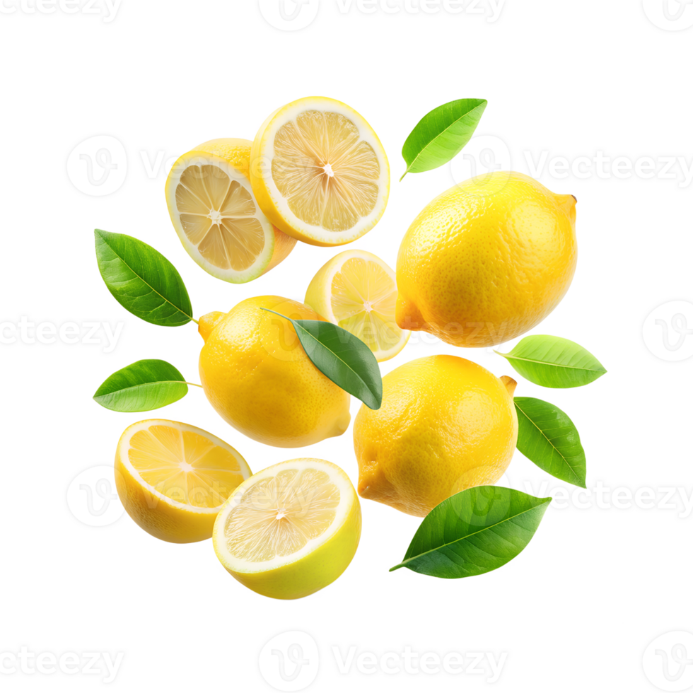 Fresh lemon fruit whole and slices png