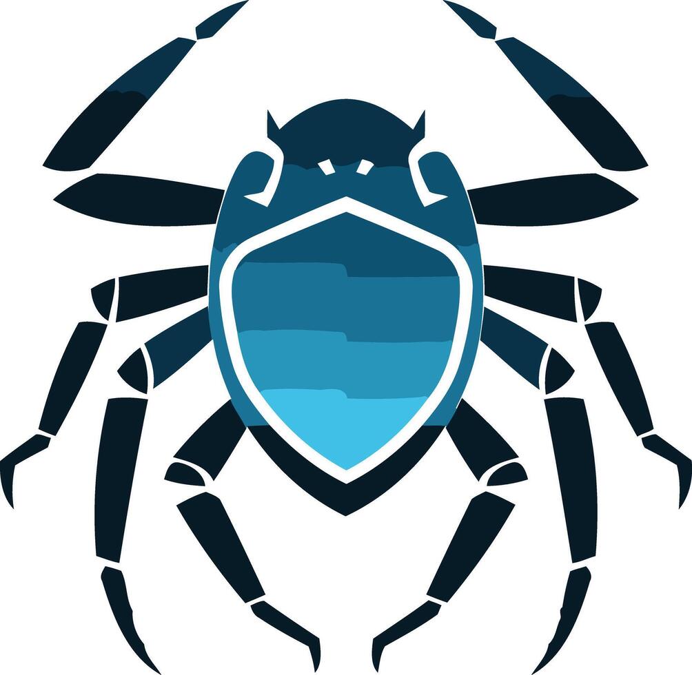 A striking, abstract logo featuring a stylized spider with a shield shaped body, rendered in shades of blue vector