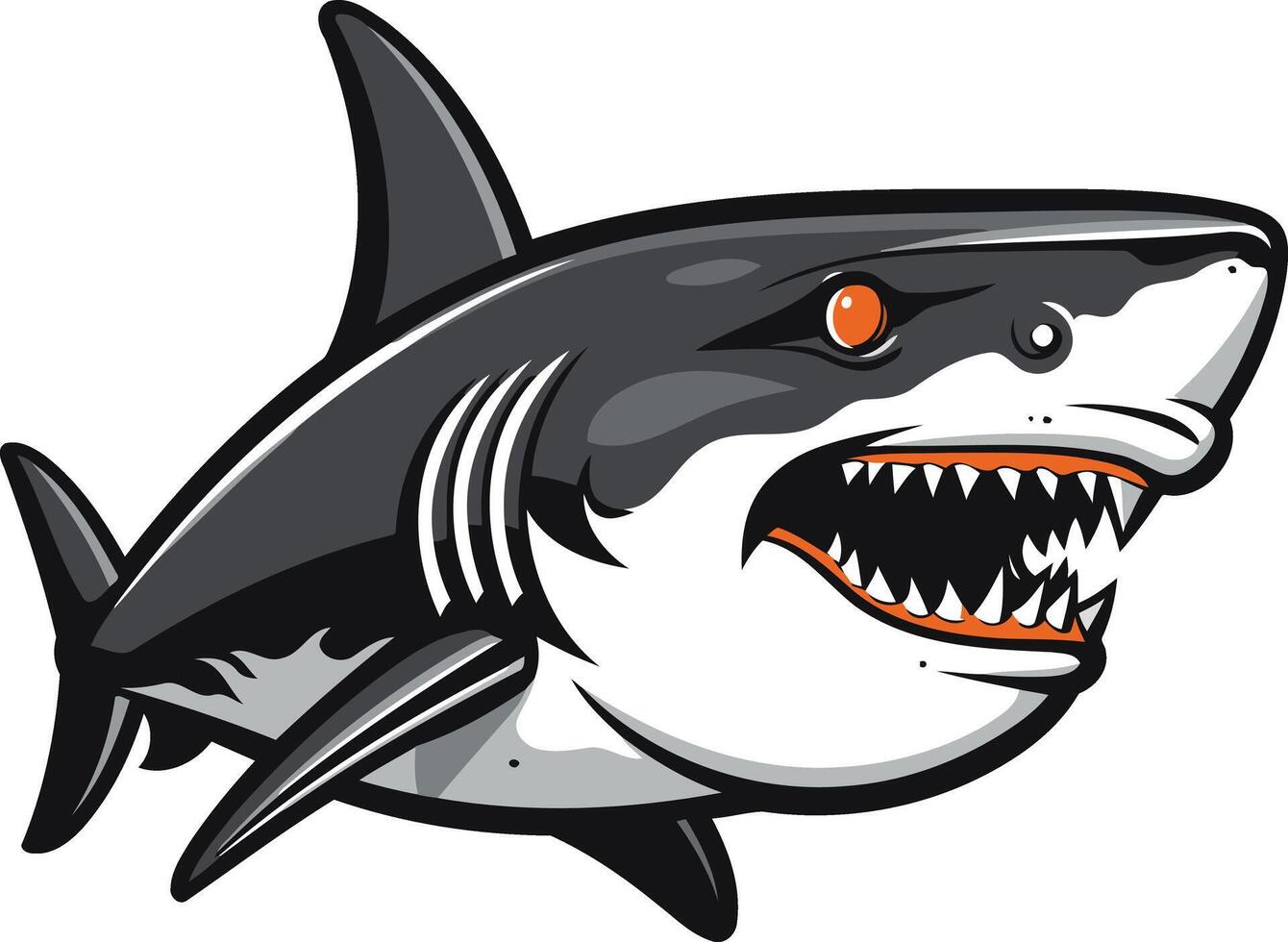 A fierce, cartoon style great white shark with sharp teeth and an open mouth vector
