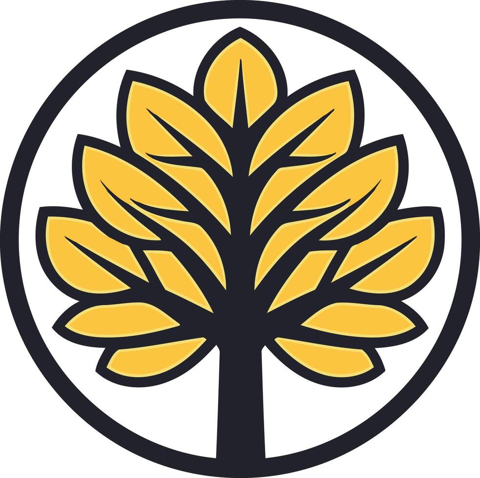 A simple yet powerful logo featuring a stylized tree with golden leaves inside a black circle vector