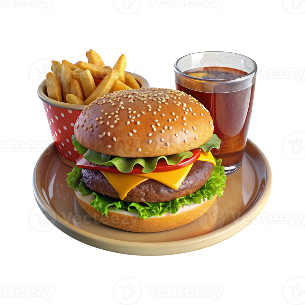 a hamburger and fries on a plate with a glass of soda png