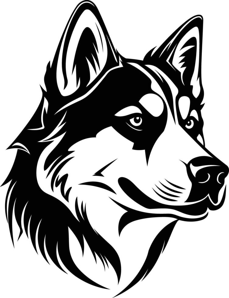 A striking black and white illustration of a husky dog's head, perfect for branding, logos, or pet related designs vector