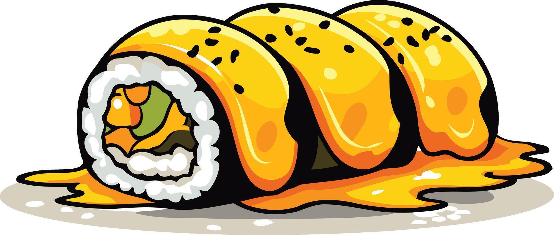 Delicious cartoon illustration of a sushi roll topped with a creamy, yellow sauce vector