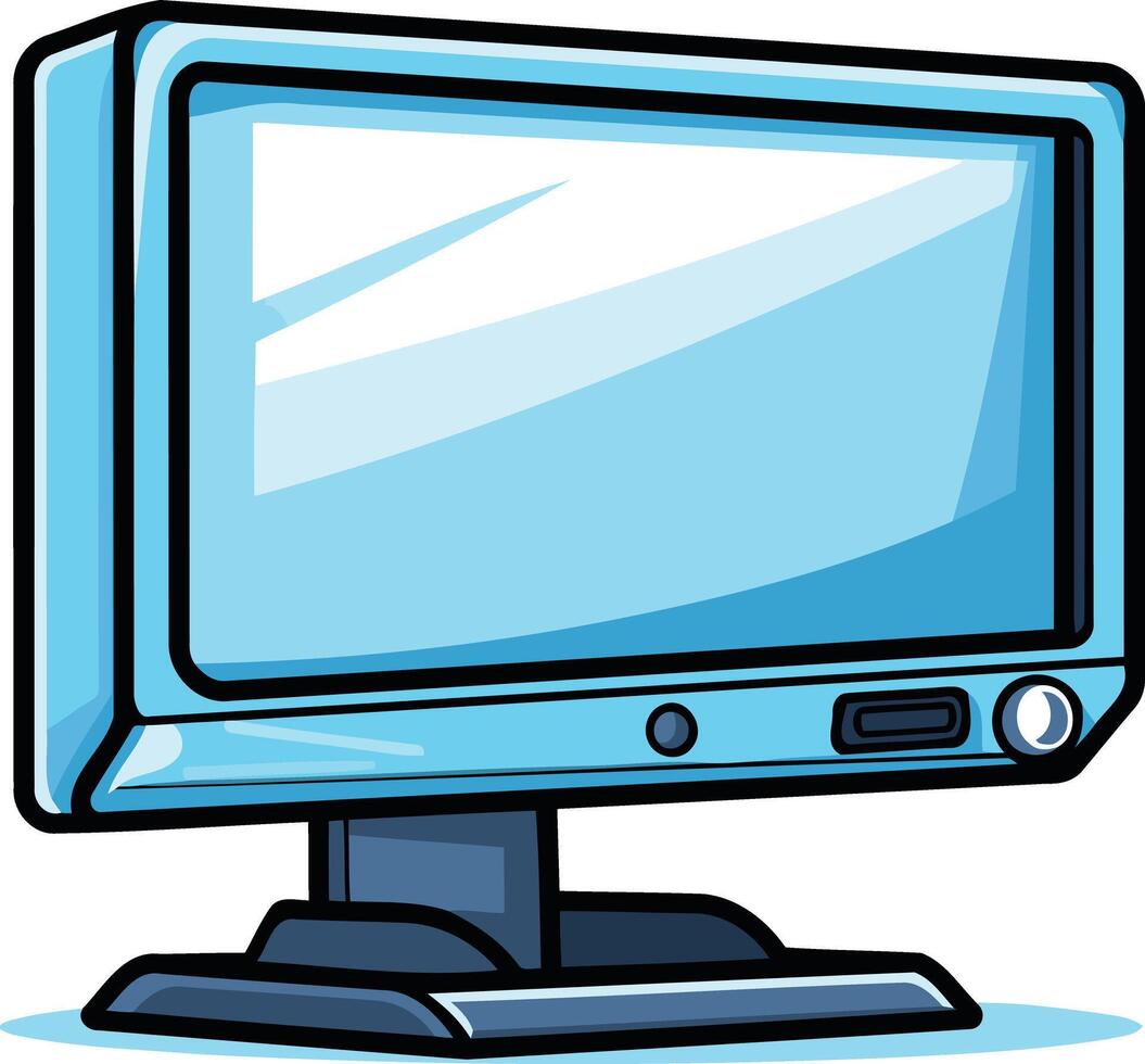 A cartoon illustration of a computer monitor in blue vector