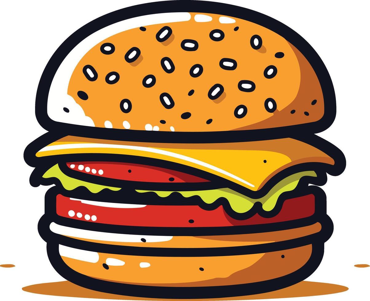 A cartoon illustration of a delicious cheeseburger, perfect for menu designs, restaurant branding, and social media posts about food vector