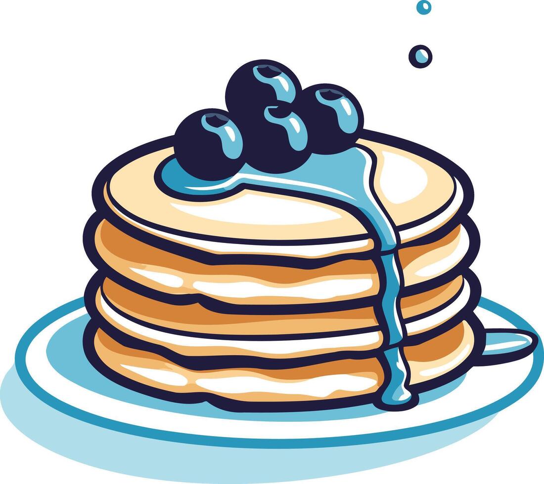 A cartoon illustration of a delicious stack of pancakes with blueberries and blue syrup vector