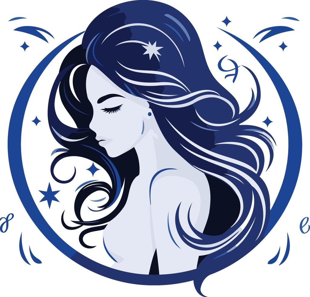 A beautiful and elegant illustration of a woman's silhouette with flowing hair, surrounded by stars and a moon like shape vector