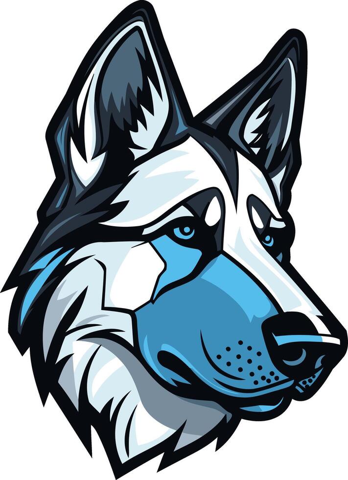 A stylized, fierce wolf head in blue and white, perfect for logos, branding, and apparel designs vector