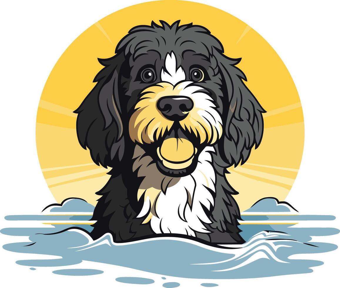 A cheerful cartoon illustration of a black and white doodle dog with a happy expression, swimming in the water with a sunset in the background vector