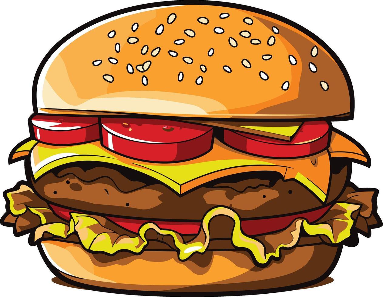 A cartoon illustration of a juicy, delicious hamburger with all the fixings vector