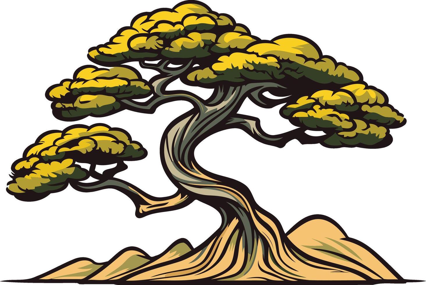 A detailed illustration of a majestic bonsai tree, with intricate branches and lush foliage vector