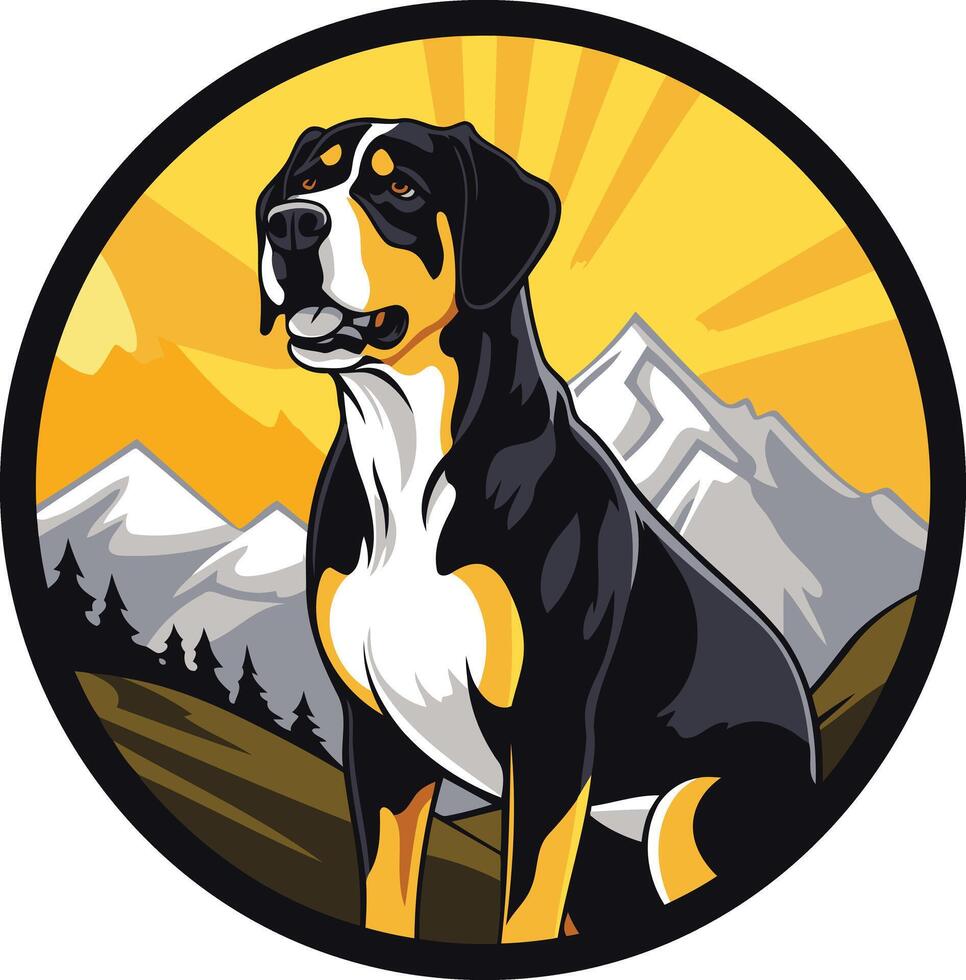 A majestic bernese mountain dog stands proudly against a backdrop of snow capped mountains and a vibrant sunrise vector