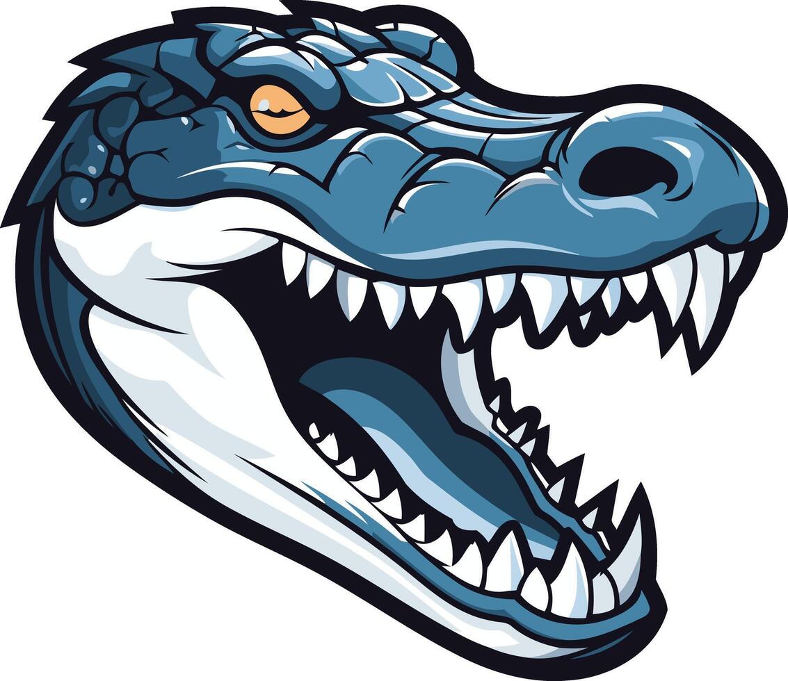 Aggressive, cartoon style alligator head with sharp teeth and a menacing expression, perfect for sports team logos, brand mascots, and more vector