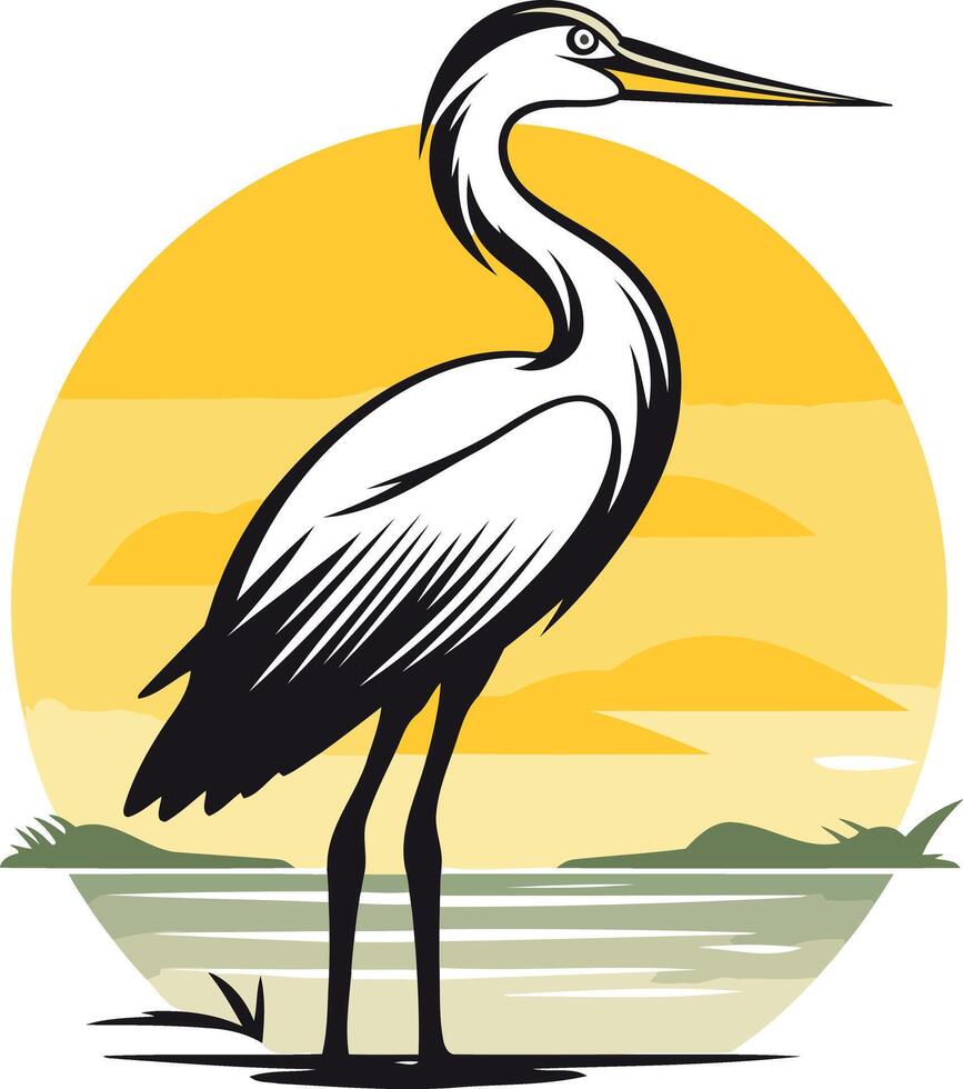 A stylized illustration of a heron standing in a wetland setting at sunset, perfect for nature themed designs, logos, and more vector