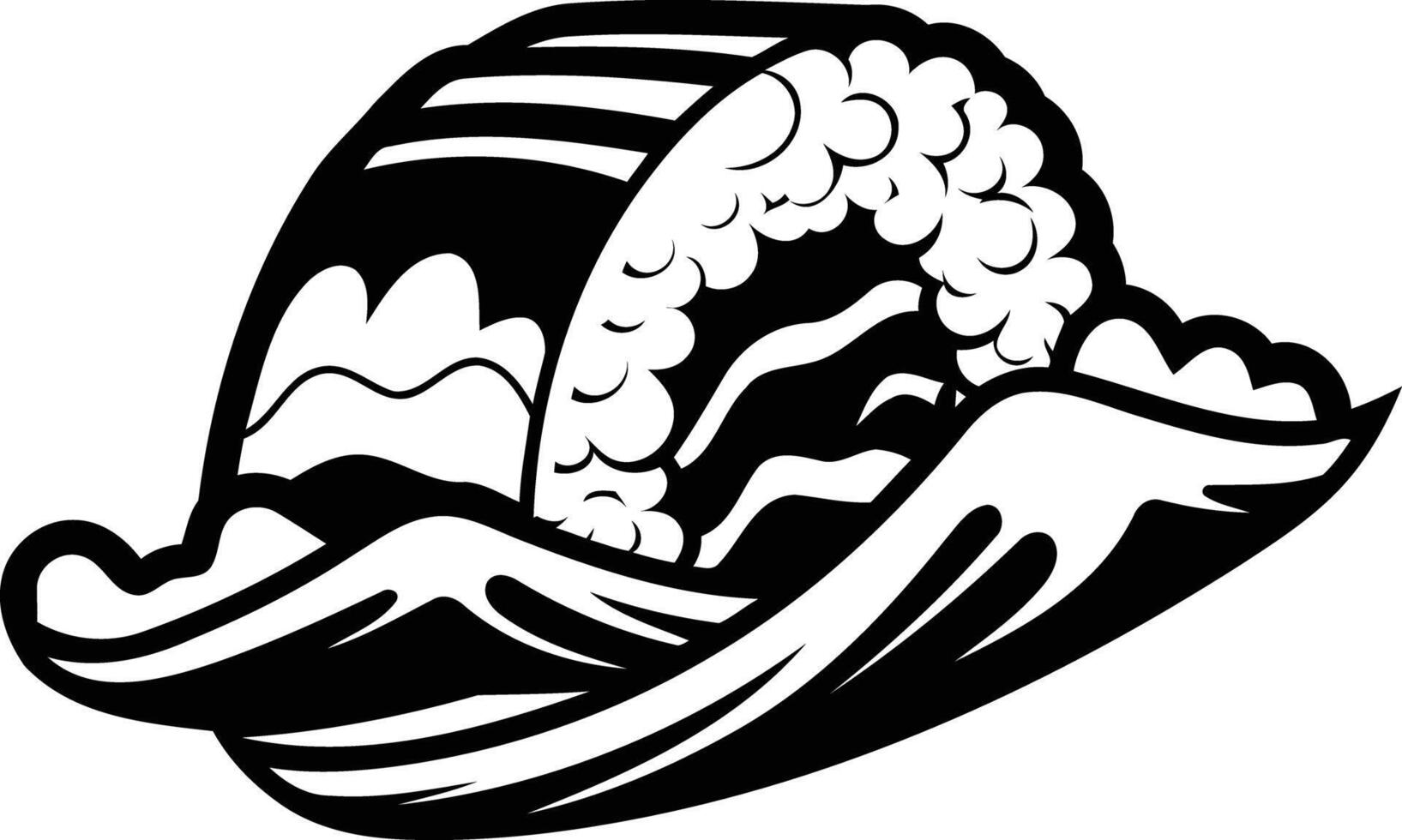 A bold black and white illustration of a sushi roll, stylized as a wave crashing vector