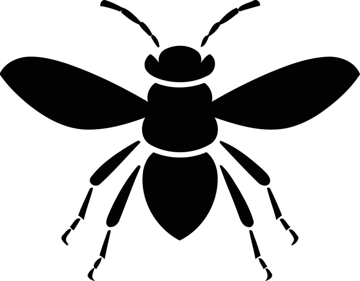Simple, bold silhouette of a bee in black against a white background vector