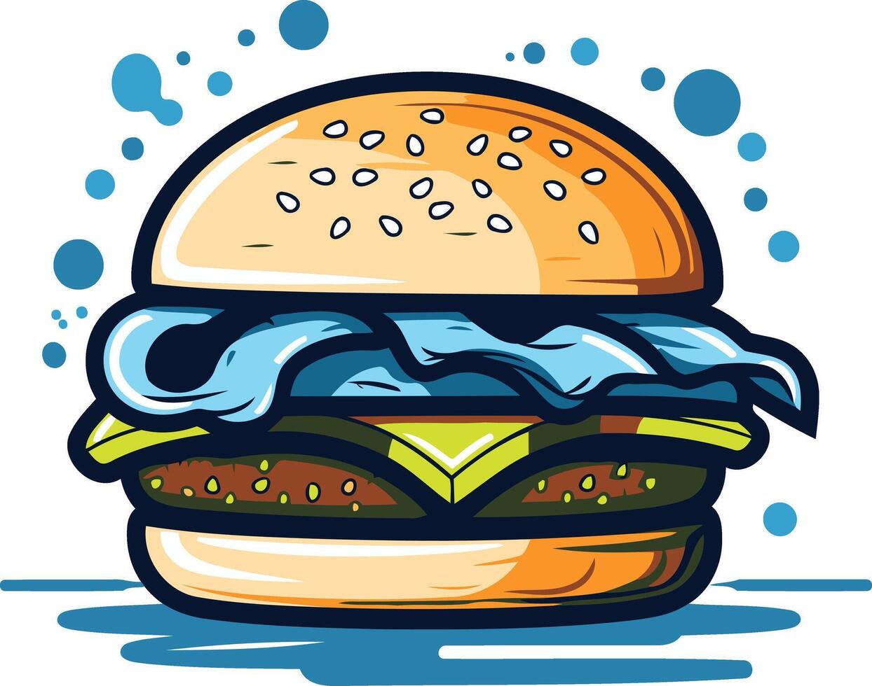 Cartoon illustration of a delicious burger with sesame seed bun, lettuce, and cheese vector