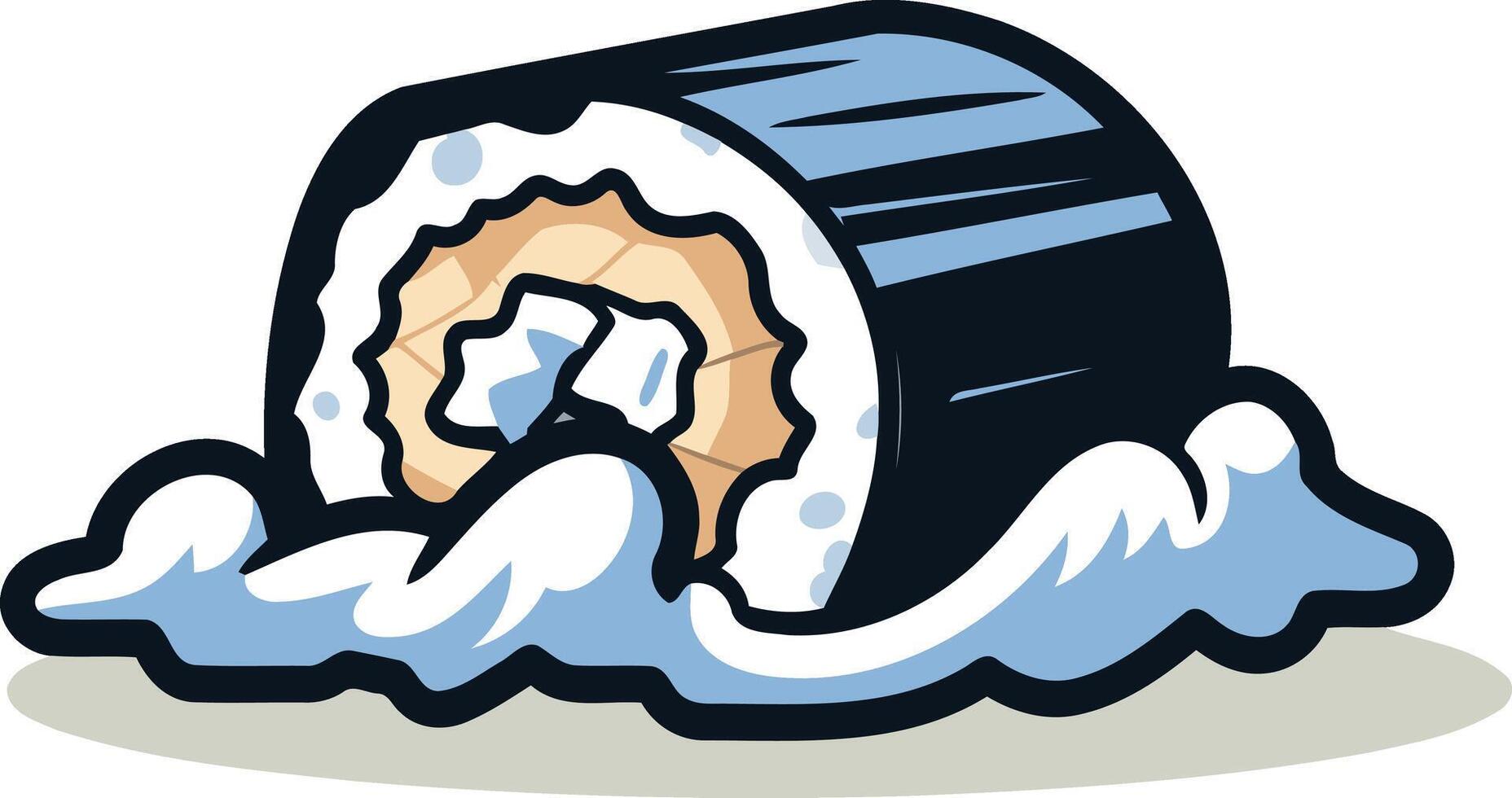 A cartoon illustration of a sushi roll half submerged in a wave, perfect for food related designs, restaurant menus, or social media vector