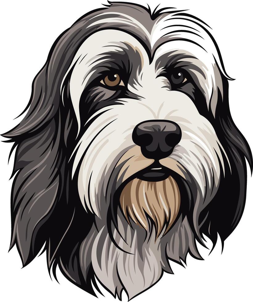 A detailed illustration of a bearded collie's head, featuring a playful and friendly expression vector