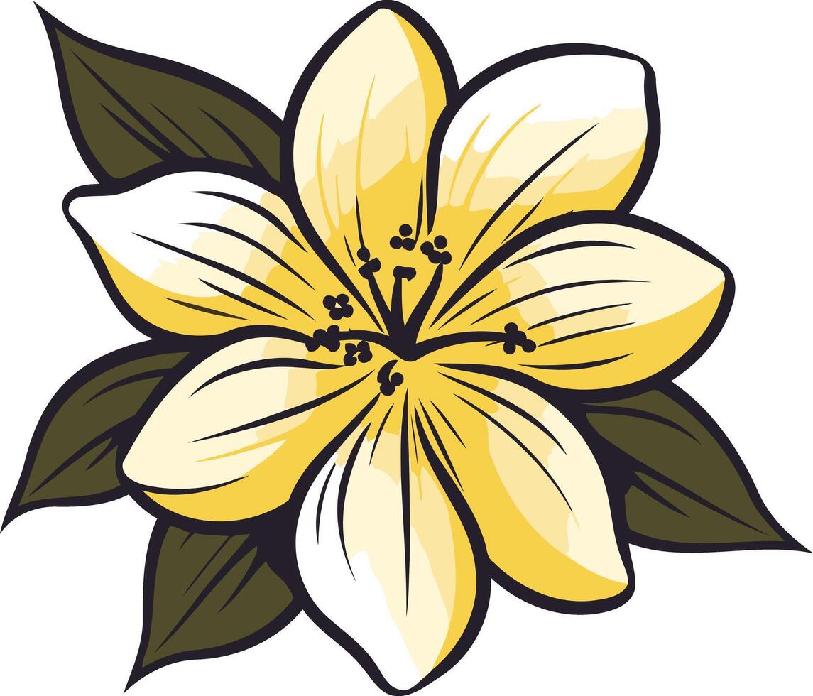 A stylized illustration of a single yellow flower with five petals, accented by two dark green leaves vector