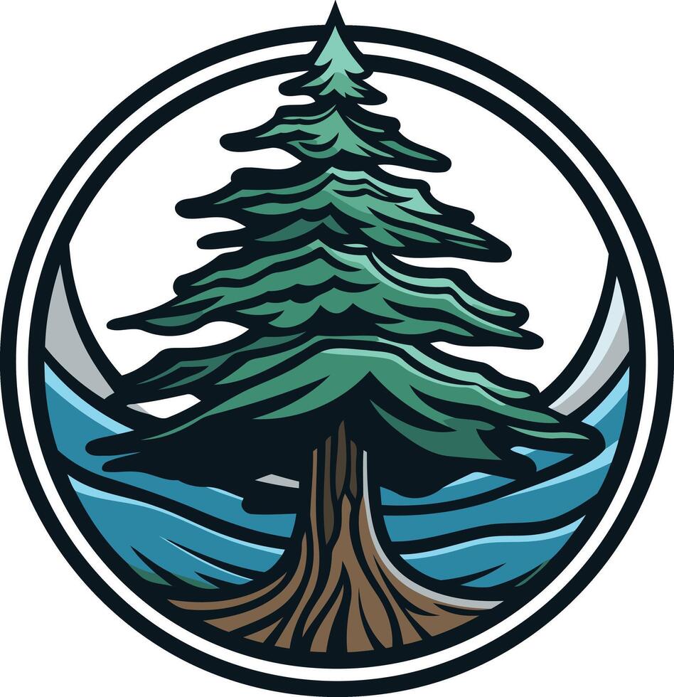 A stylized evergreen tree in a circle, surrounded by waves, perfect for nature, camping, and outdoor themed designs vector
