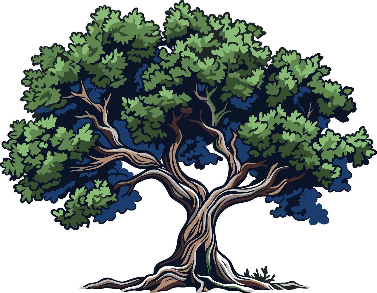 A hand drawn illustration of a majestic, sprawling oak tree with deep green foliage and a thick, gnarled trunk vector