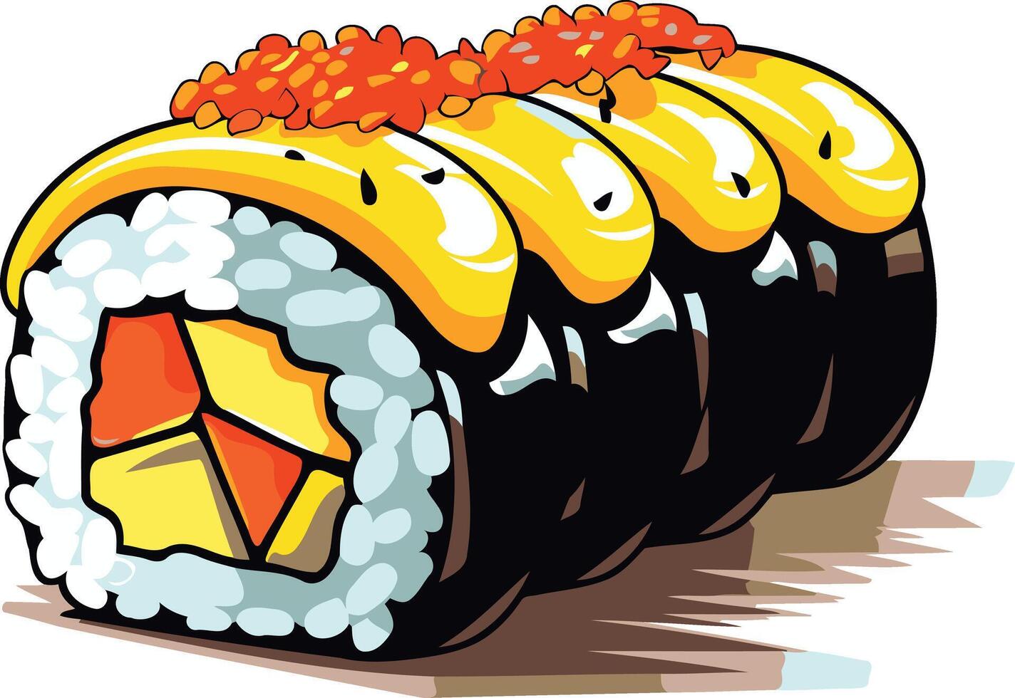 Cartoon illustration of a delicious sushi roll with yellow fish eggs and a creamy yellow topping vector