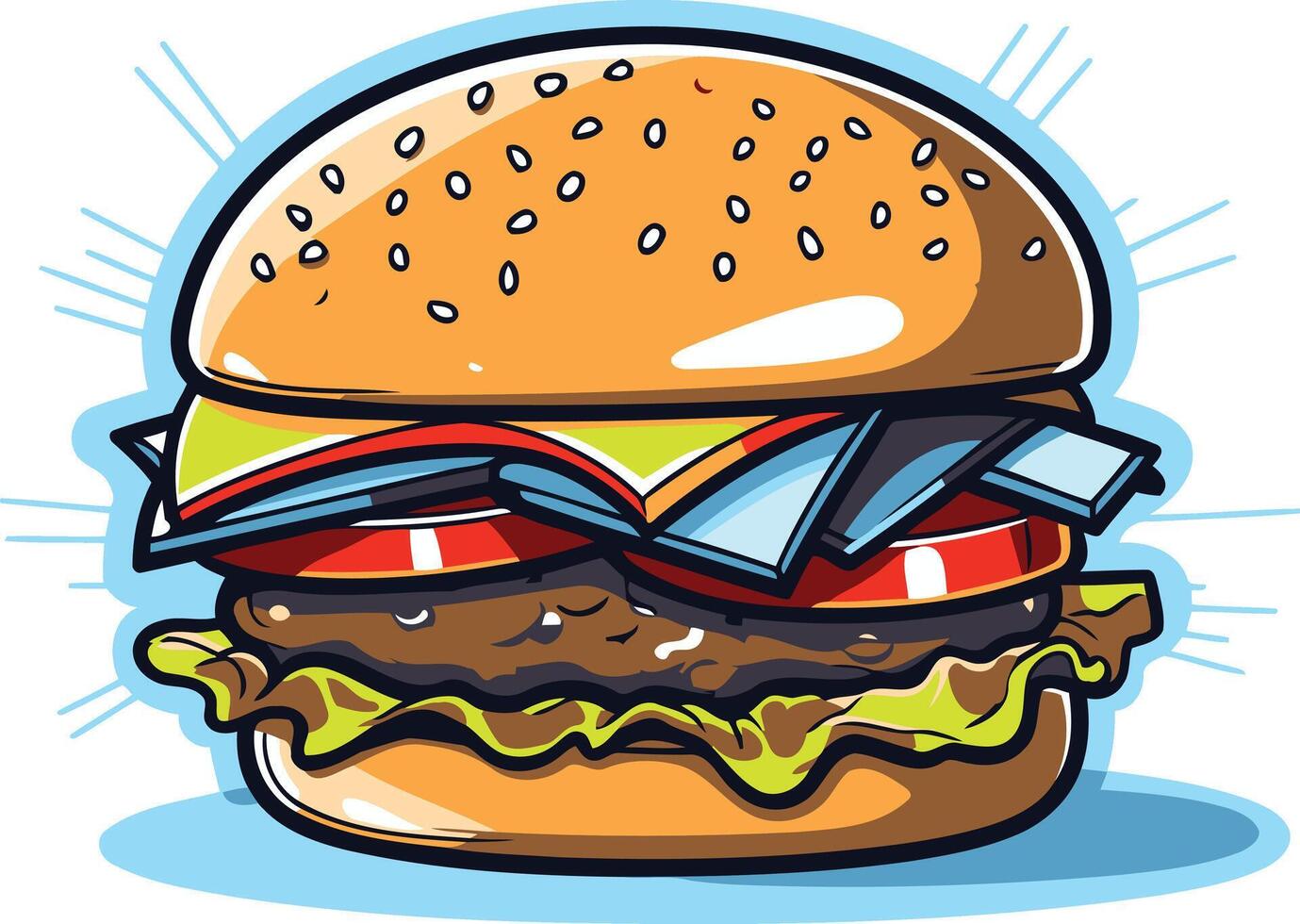 A juicy, cartoon style burger with all the fixings vector