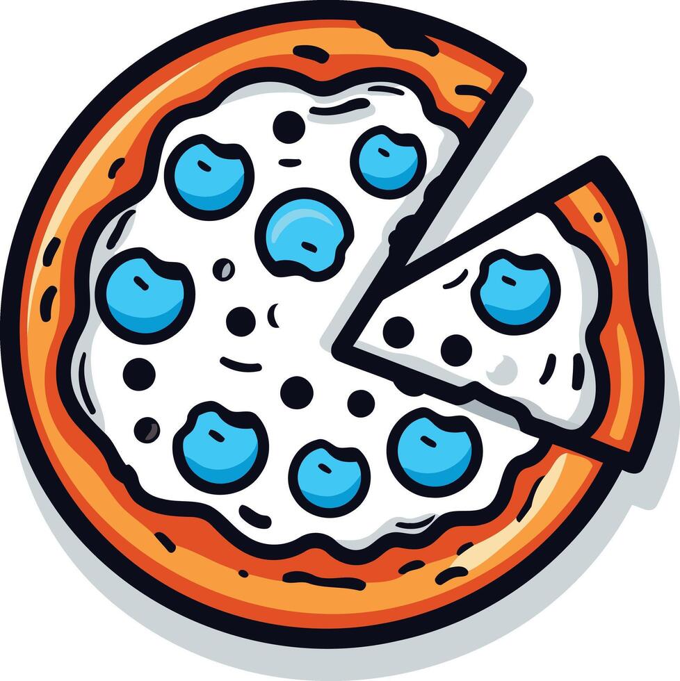 A cartoon illustration of a delicious looking blueberry pizza with one slice removed, perfect for menus, social media, or any project related to food and fun vector