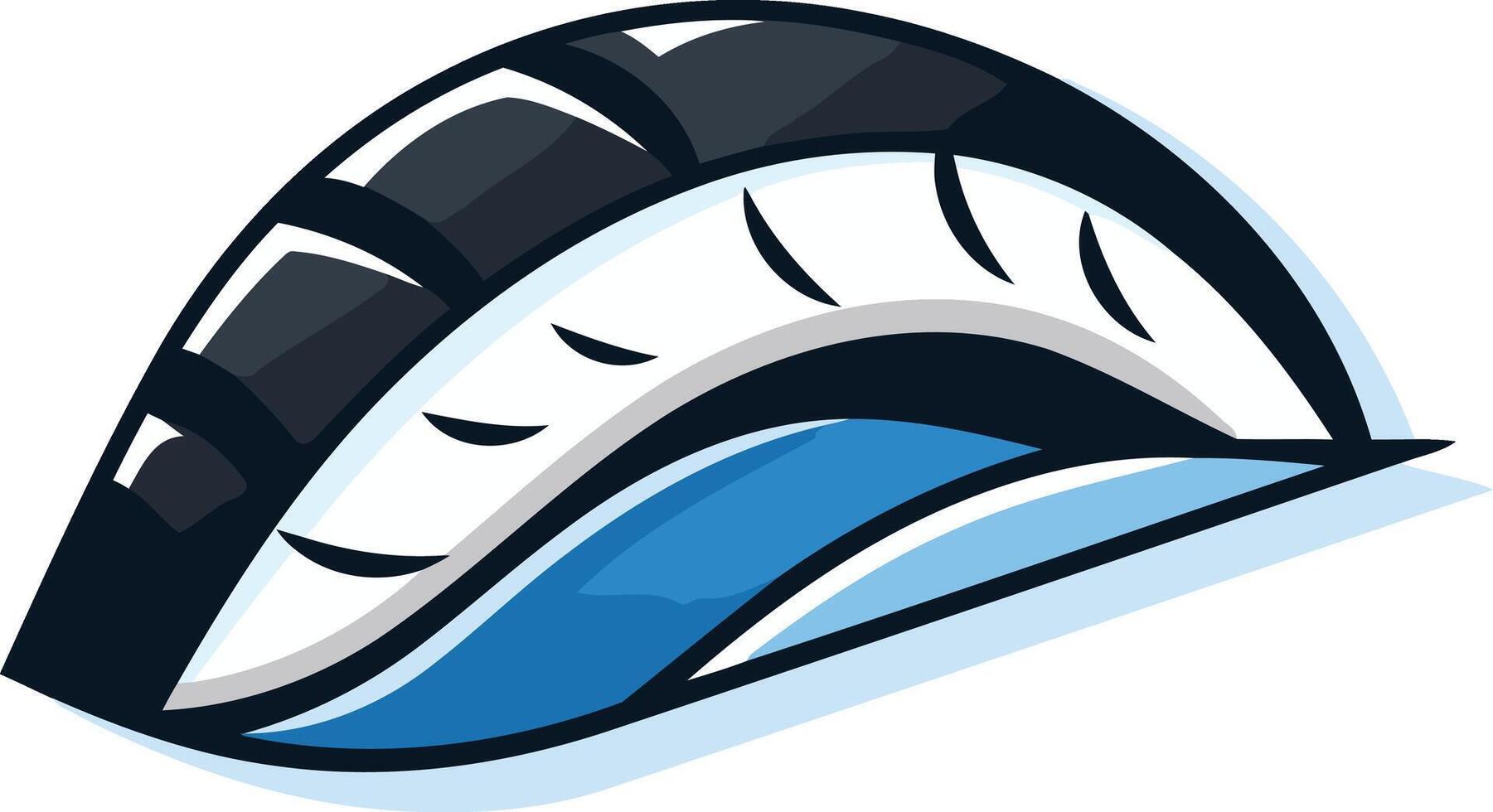 A stylized, cartoon like illustration of a half circle with a black and white striped pattern, blue wave, and white stripes vector