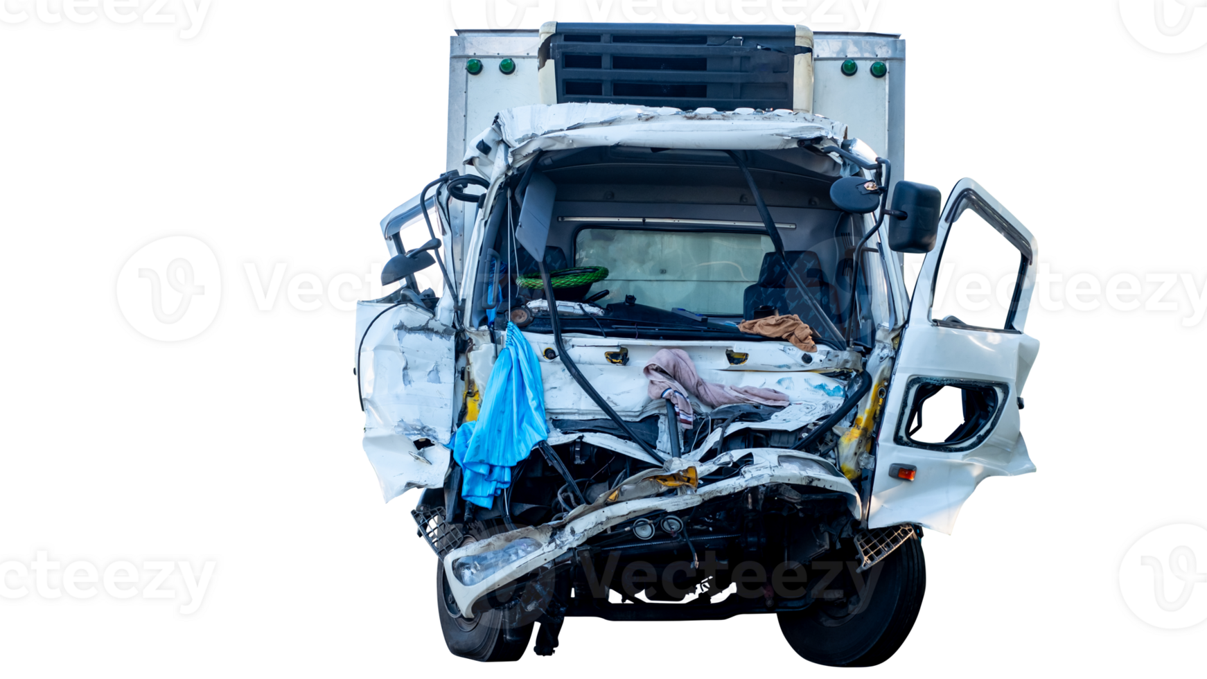 Full body of Front view old big truck get damaged by accident on the road. damaged cars after collision. isolated on transparent background, File png