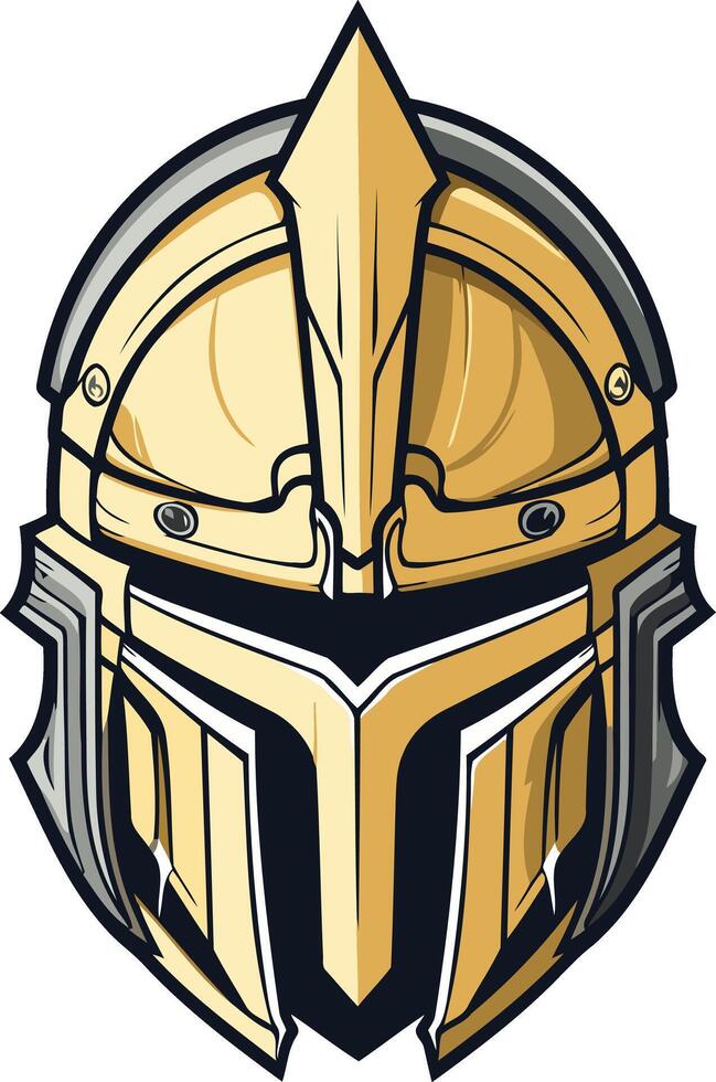 A bold, cartoon style illustration of a golden warrior helmet, perfect for gaming logos, esports team branding, or fantasy themed designs vector