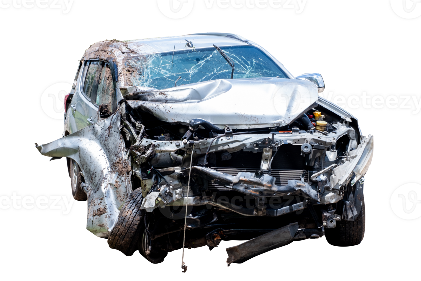 Front and side view of bronz car get hard damaged by accident on the road. chapped cars after collision. isolated on transparent background, broken car, File png