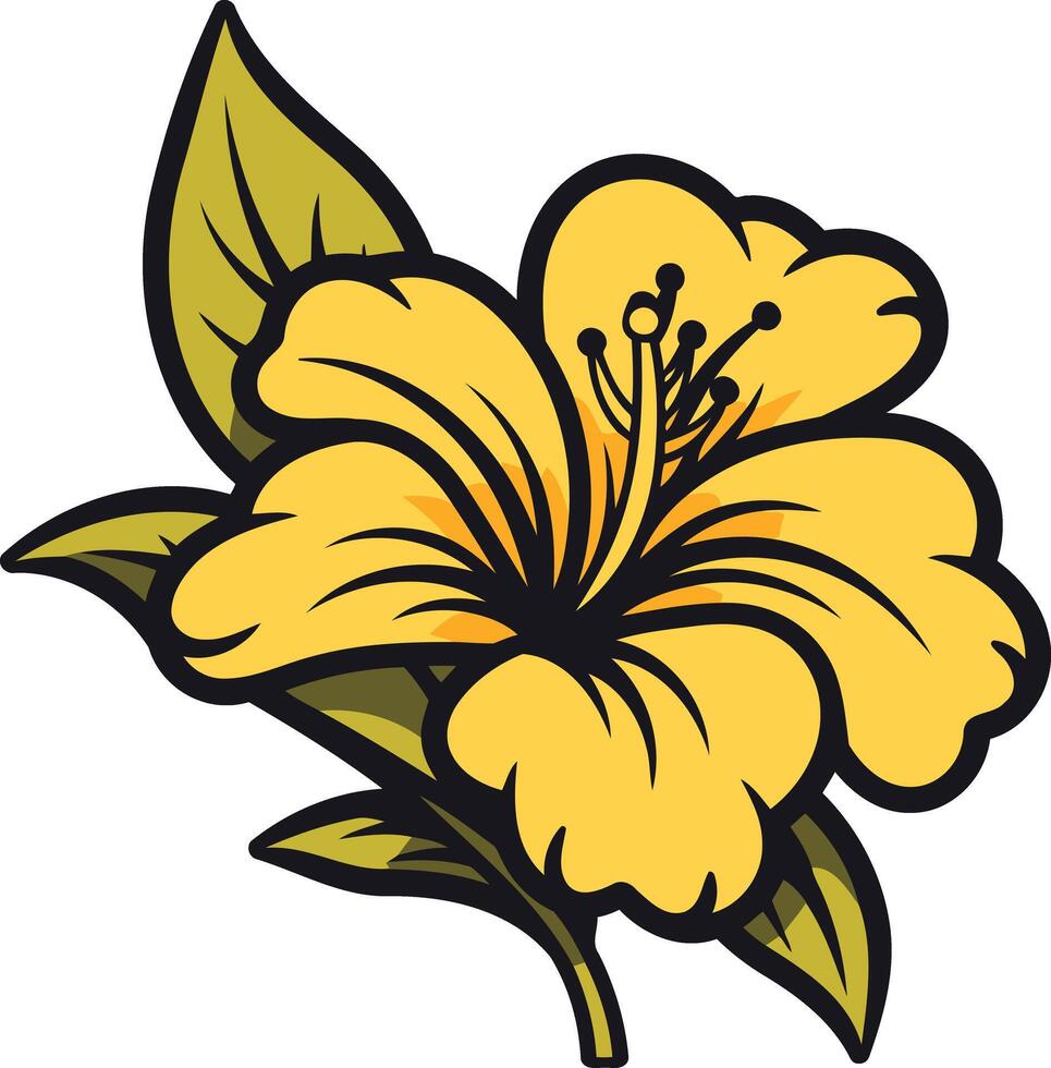 A vibrant cartoon yellow hibiscus flower with green leaves vector