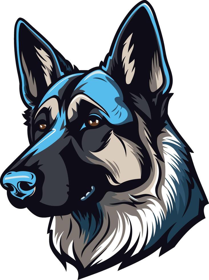 Cool, stylized illustration of a german shepherd's head with bold lines and a blue accent vector