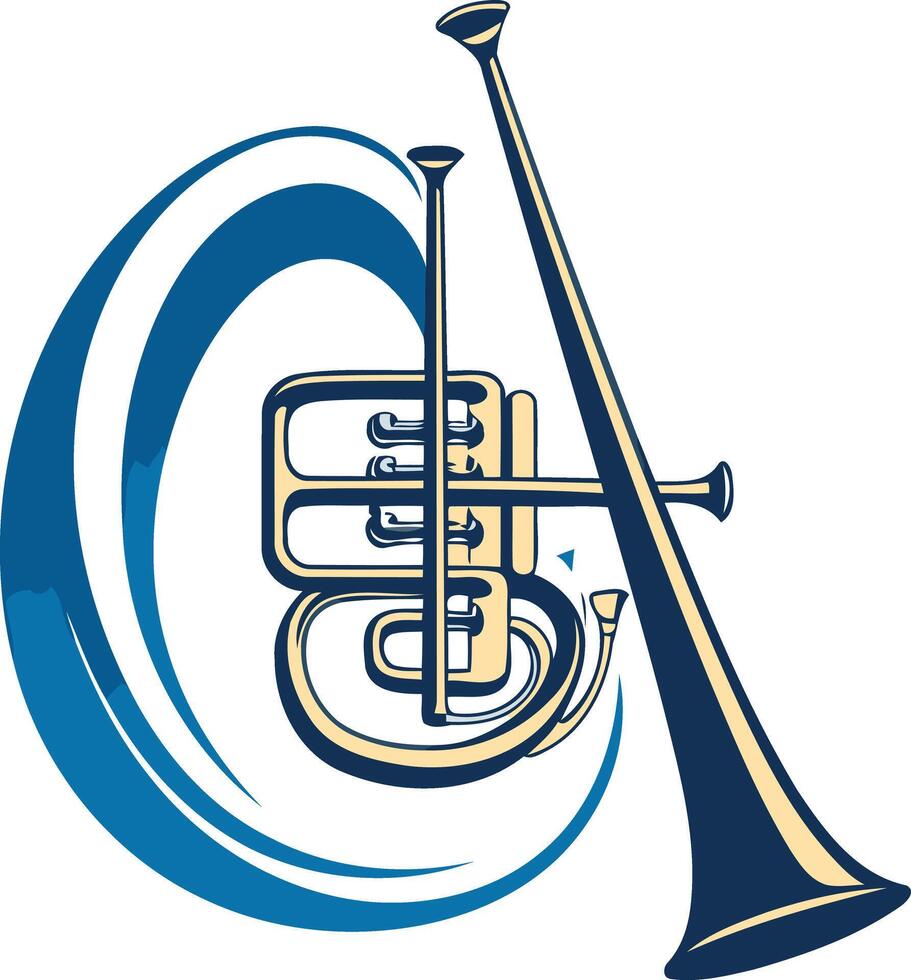 A stylized illustration of a french horn with a blue wave design vector