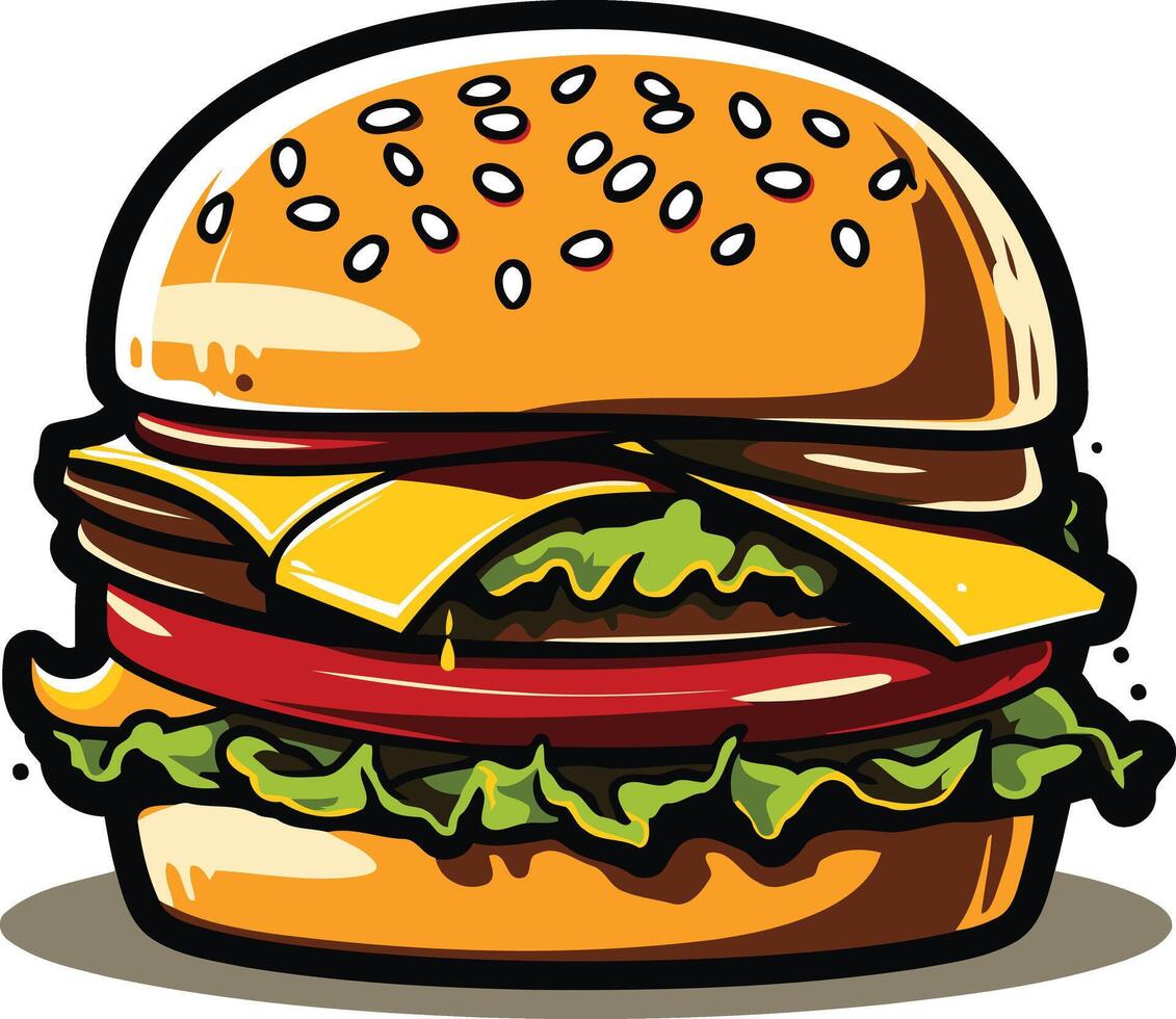 A juicy, cartoon style hamburger with all the fixings vector