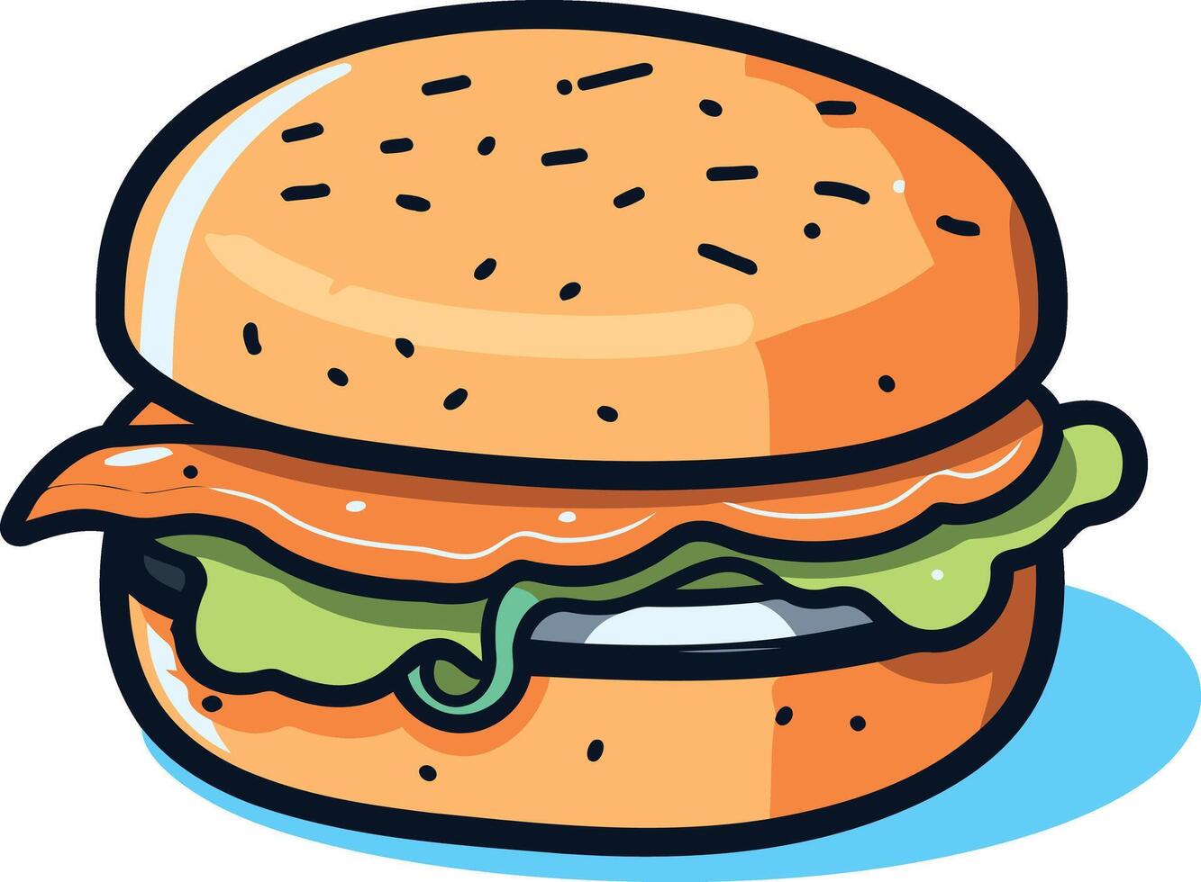 A cartoon illustration of a delicious looking burger with lettuce, tomato, and sesame seeds vector