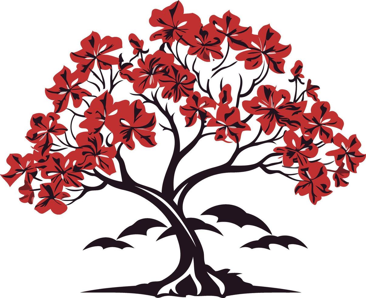 Elegant black and red floral tree illustration, perfect for nature themed designs, branding, and logos vector
