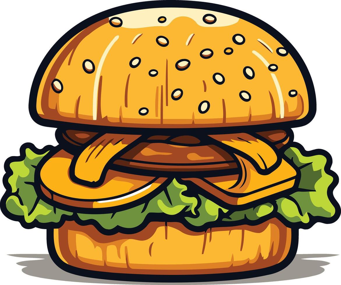 Cartoon illustration of a delicious looking hamburger with lettuce, cheese and a sesame seed bun vector