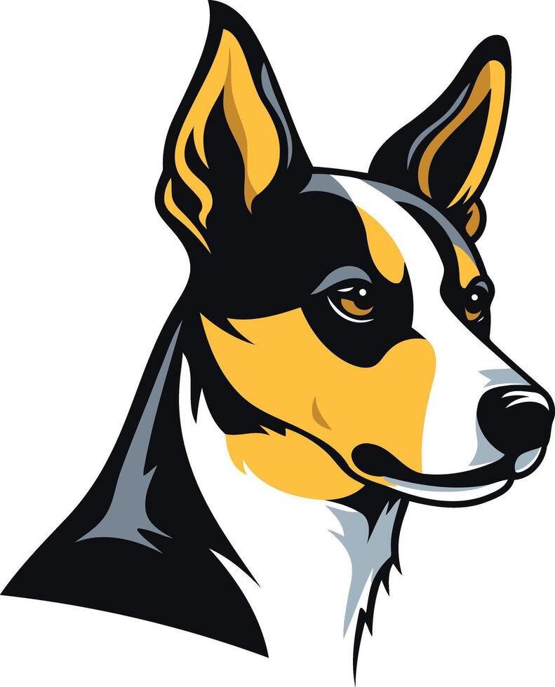 A stylized illustration of a black, white, and yellow dog's head, perfect for mascot logos, branding, or pet related designs vector