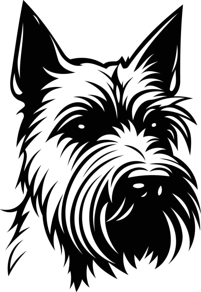 A striking black and white illustration of a scottish terrier's head, capturing the breed's iconic features in a bold, minimalist style vector