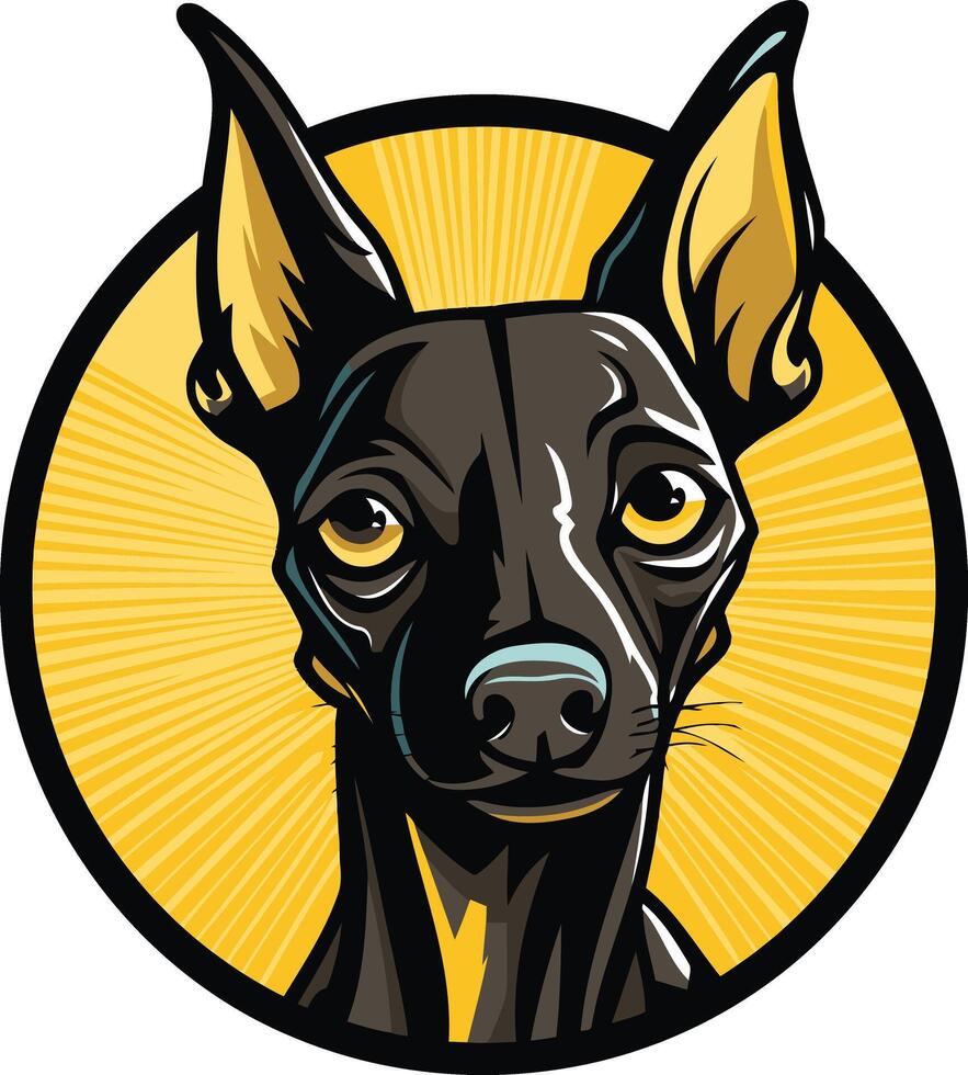 A bold, stylized illustration of a black miniature pinscher dog with a playful expression vector