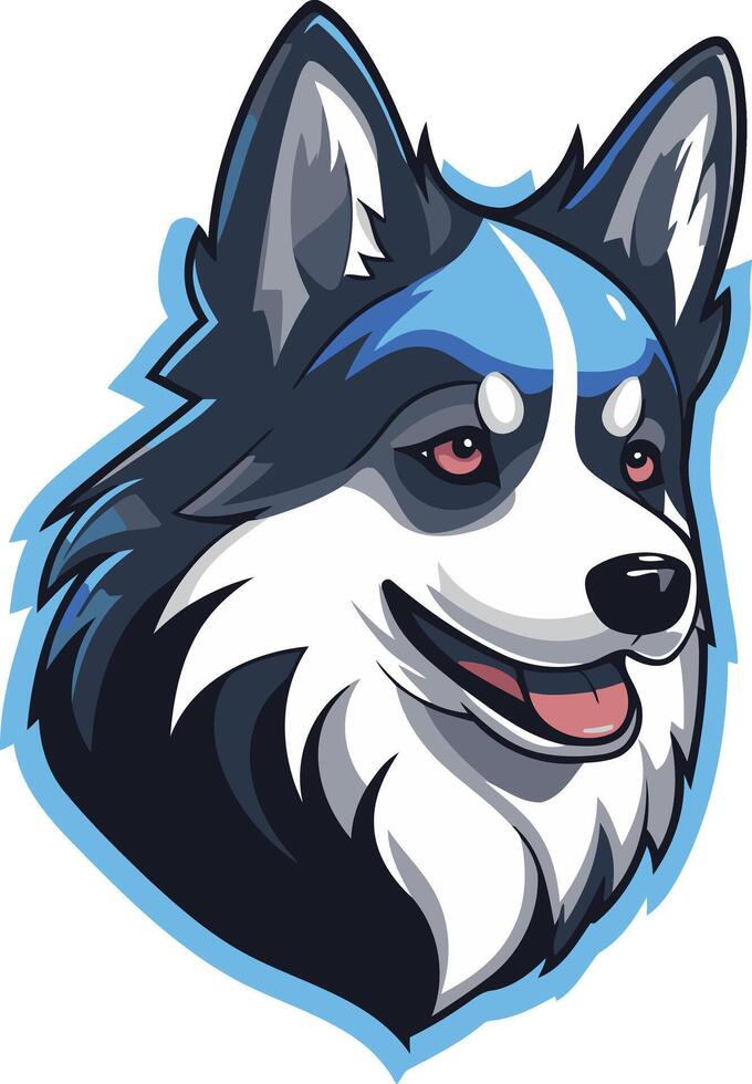 A friendly cartoon husky with blue highlights, smiling and looking to the right vector