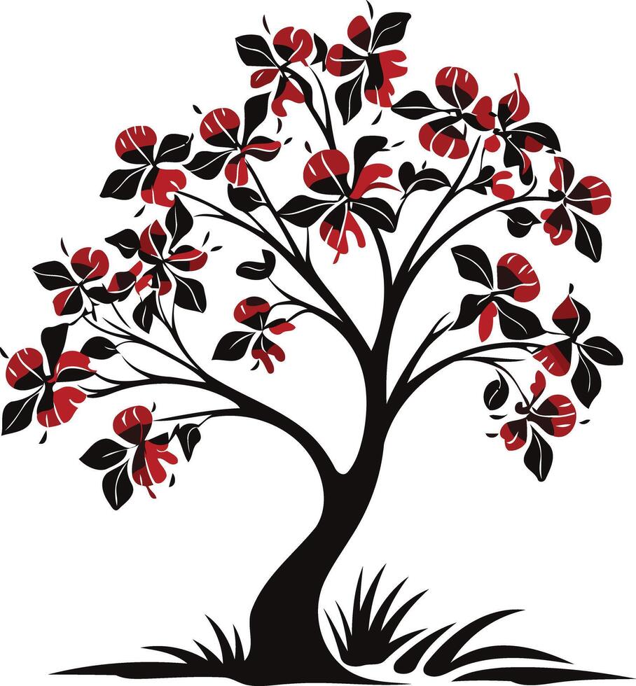 Elegant black silhouette of a stylized tree with red flowers, perfect for nature inspired designs vector