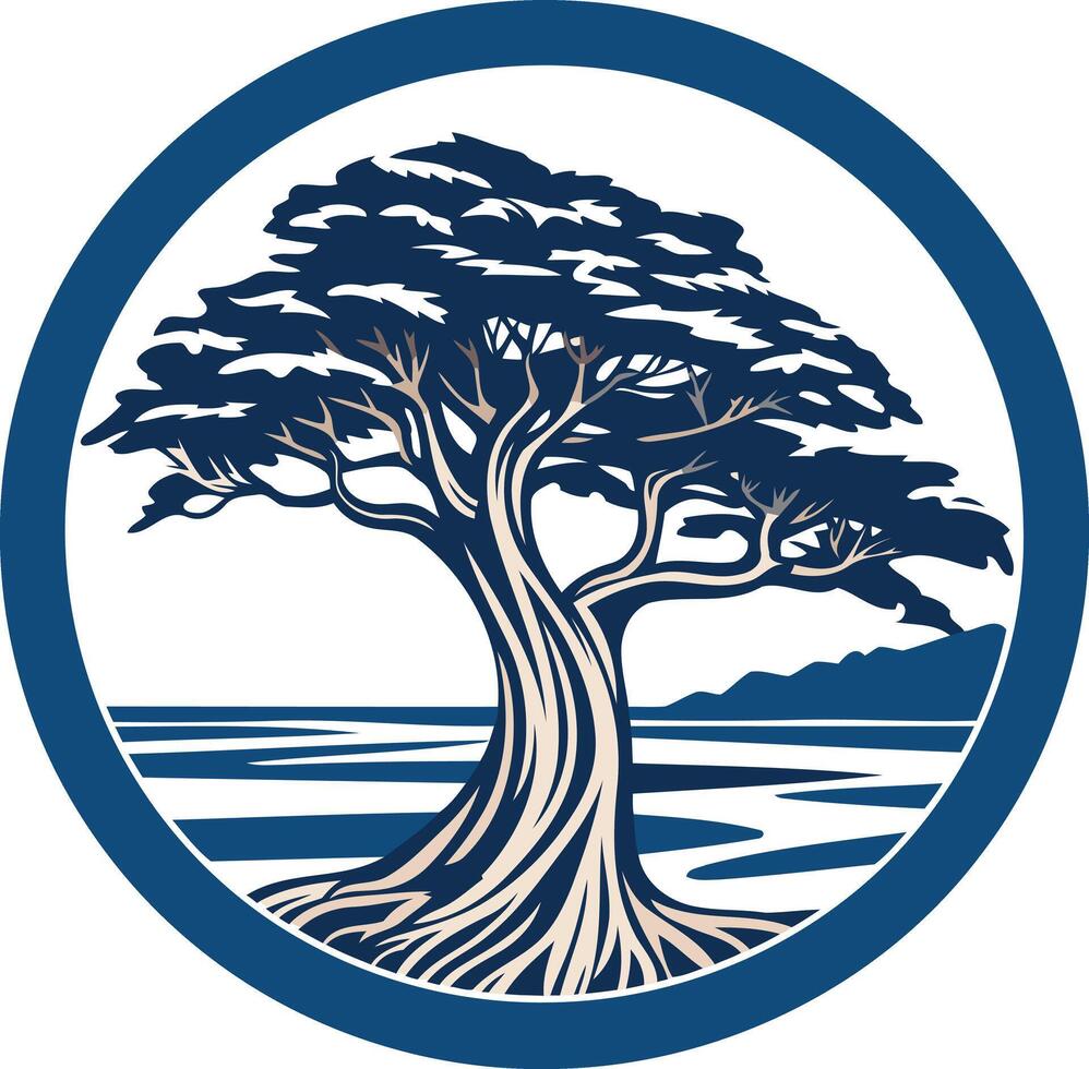 A stylized illustration of a lone tree standing strong against the ocean waves, symbolizing resilience and growth vector